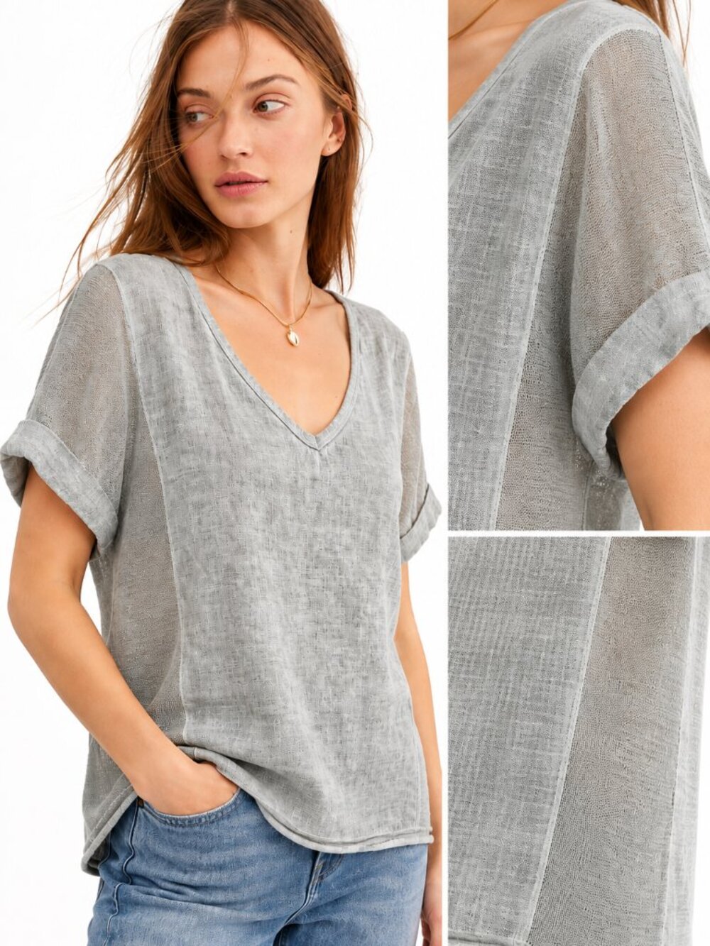 Italian linen top, v-neck with knitted panels and sleeves